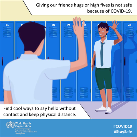 Find cool ways to say hello without contact and keep physical distance Infographic visualising the recommended advice.