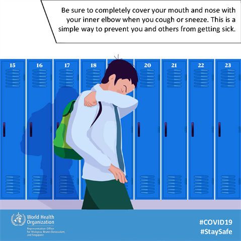 Cover your mouth and nose with flexed elbow or tissue when coughing or sneezing Infographic of text