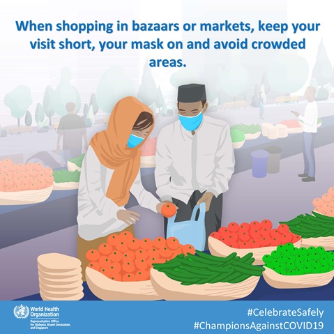 When shopping in bazaars or markets, keep your visit short, your mask on Infographic of text